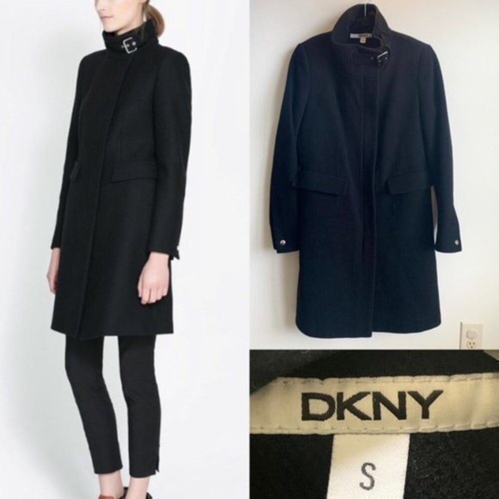 DKNY Wool Buckle Collar Coat in Black in Size Small